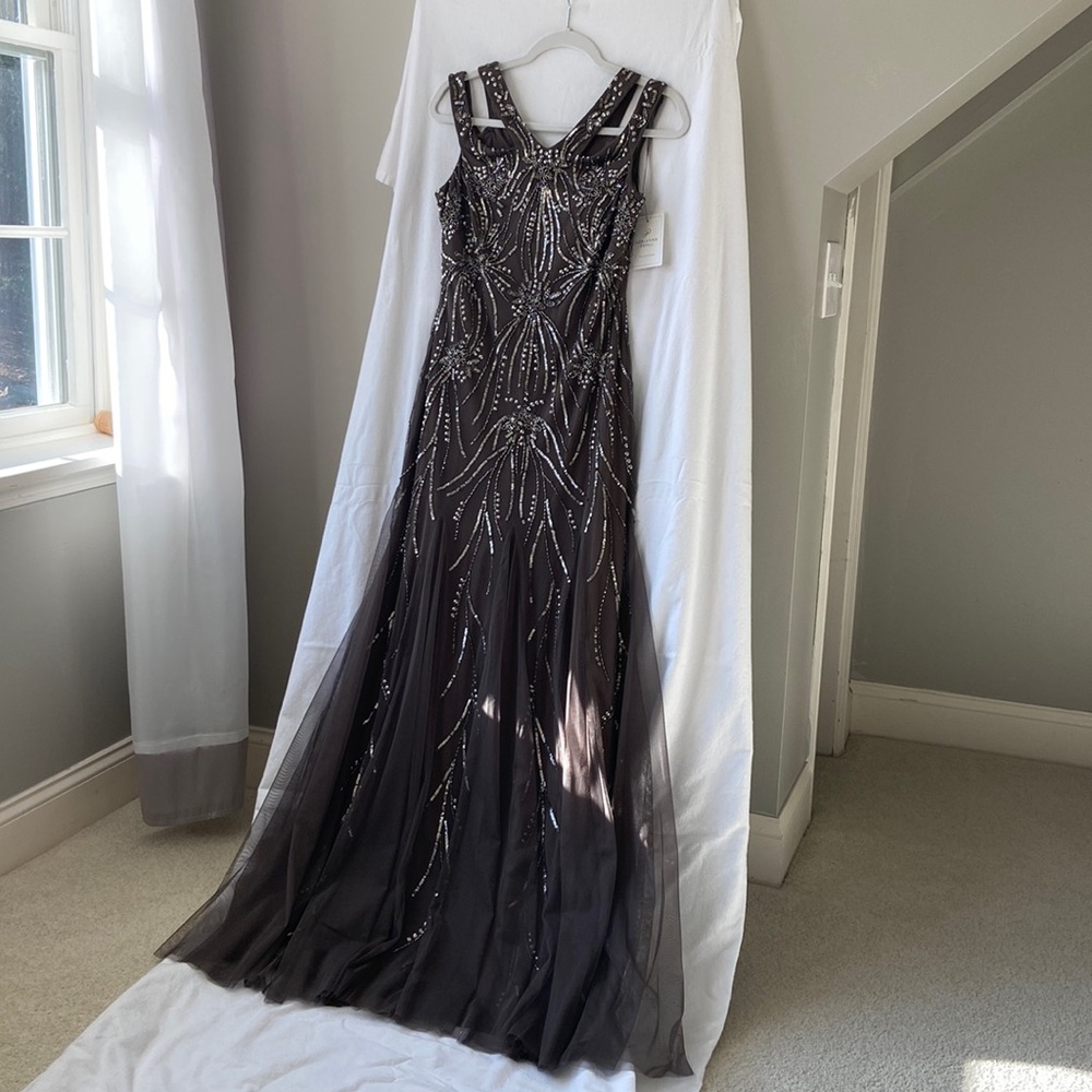 Adrianna Papell 2022 Fit and flair multiple strap beaded gown. Color: Lead